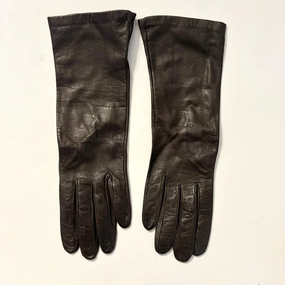 SAKS FIFTH AVENUE  Silk-Lined Leather Gloves, dark brown